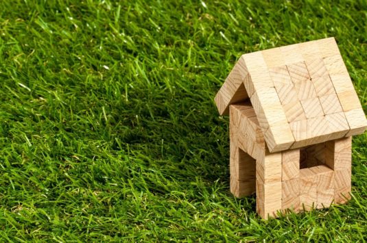Cottage- small wooden house on green lawn