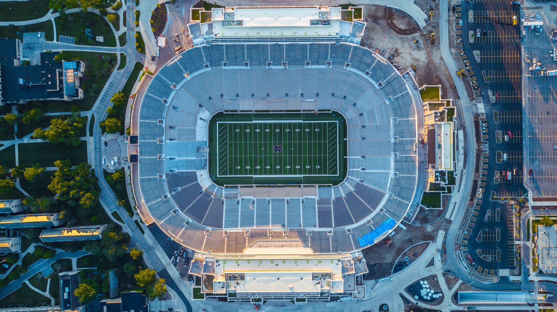 An arial shot of Notre Dame's football stadium