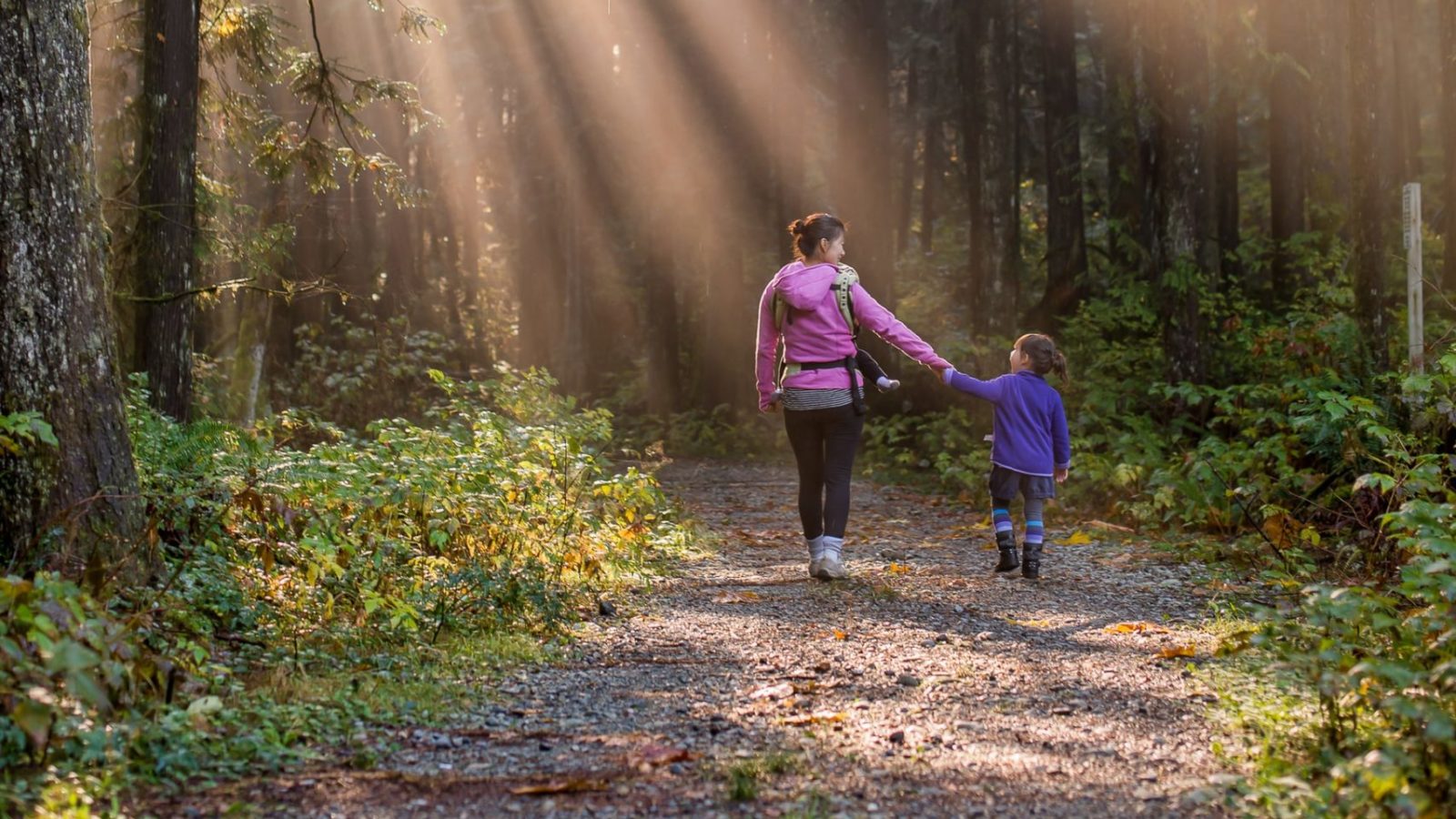 Image of mother and child spending time together in forest.
